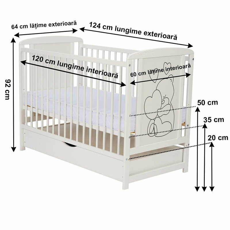 Patut din lemn Timmi Heart 120x60 cm Cu sertar Cu roti Din lemn de pin MDF Somiera reglabila Alb Saltea 12 cm Qmini