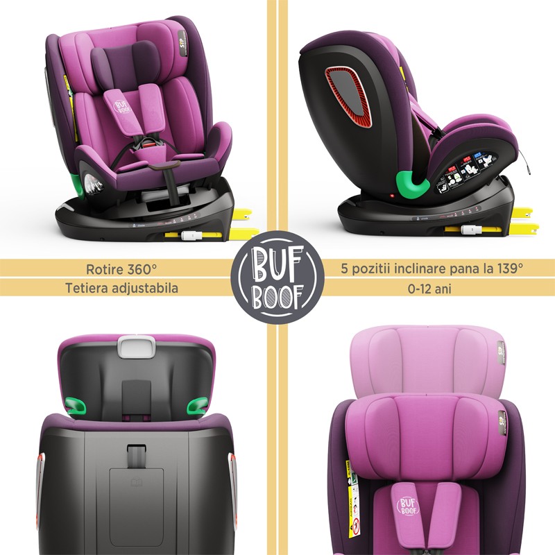 Scaun auto Platinum Deluxe i-Size Buf Boof cu isofix rotativ 360 grade Top Tether SIPS 40-150 cm 0-36 kg Purple